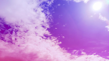 Pinkish purple sky and shining sun. Landscape image.の写真素材