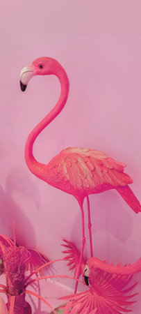 Pink Flamingo curled heart shaped neck and standing postureの写真素材