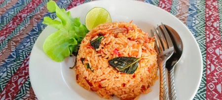 'Tom Yam Kung' Fried Rice,Thai food Mix steamed rice with curry paste With squid and shrimp on the plateの写真素材