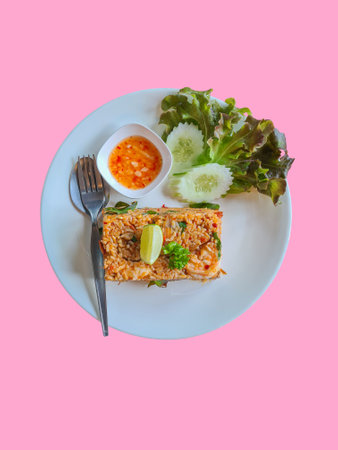Tom yam kung fried rice served on a white plate with chilli sauce on isolated pink background.の写真素材