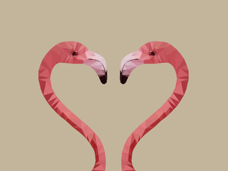 Triangular flamingo polygonal model, heads facing each other forming a heart symbol.のイラスト素材