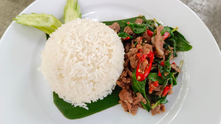 Thai Food concept, Khao Pad Ka Prow (Stir fry minced meat whit basil on rice)の写真素材