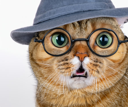 Cute cat with stylish glasses and hat on white background.の素材