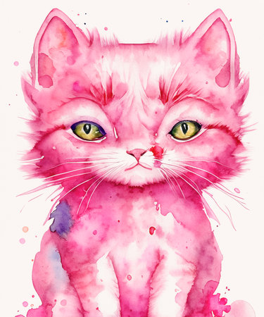 art watercolor painting of cute pink cat avatar. generative AIの素材