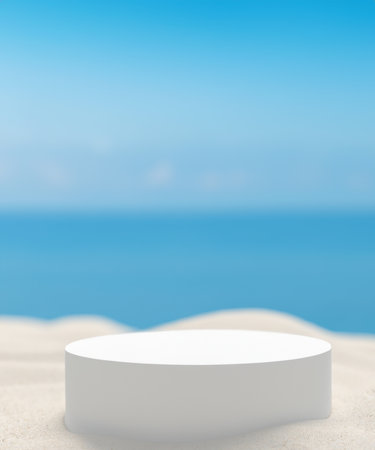 White Sand with White 3D podium put on sand dune againt blurry blue ocean and beautiful sky Summer background with display advertistment concept, generative AIの素材