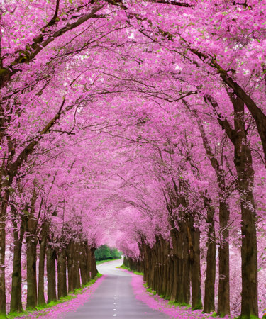 The romantic tunnel of pink flower trees, generative AIの素材