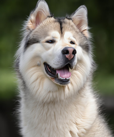 An Alaskan Malamute runs in the park with a cheerful expression.の素材