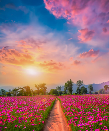 Landscape of the dirt road and beautiful cosmos flower field at sunset time.の素材