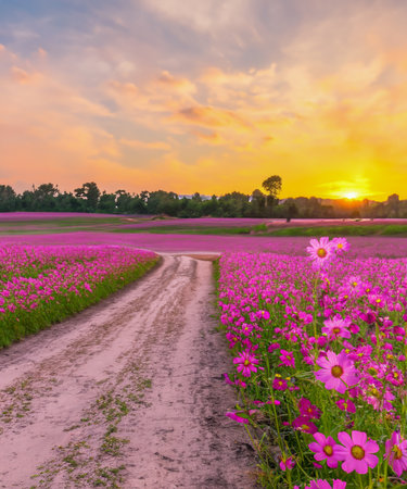 Landscape of the dirt road and beautiful cosmos flower field at sunset time.の素材
