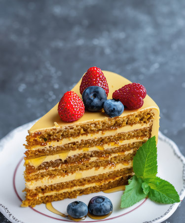 Piece of honey cake decorated with berries. Cake slice with many layers.の写真素材
