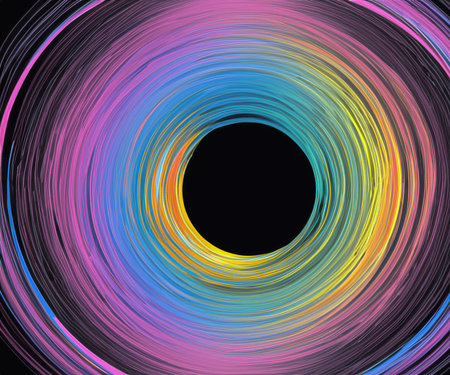 abstract circles lines wavy in round frame colorful rainbow isolated on black background with empty space for textの写真素材