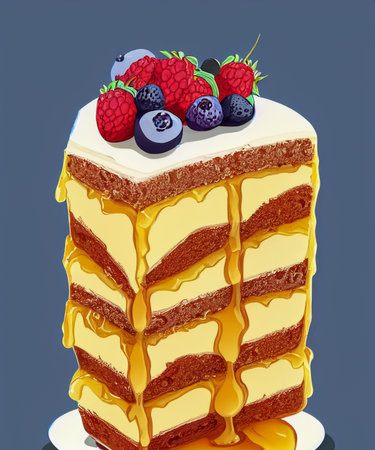 Piece of honey cake decorated with berries. Cake slice with many layers.