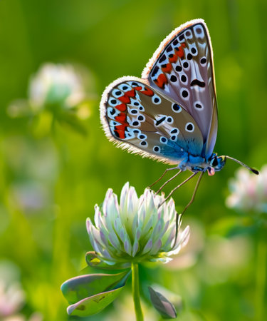 Wild flowers of clover and butterfly in a meadow in nature in the rays of sunlight in summer in the spring close-upの素材