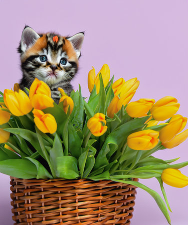 kitten with wide open eyes in a basket with flowersの素材