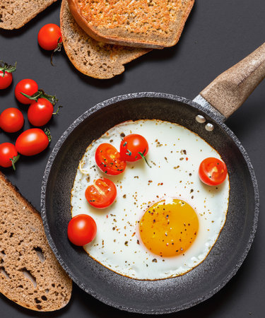 Fried eggs in a frying pan with cherry tomatoes and bread for breakfast on a black background.の素材