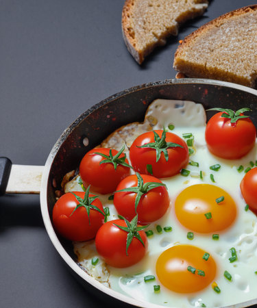 Fried eggs in a frying pan with cherry tomatoes and bread for breakfast on a black background.の素材