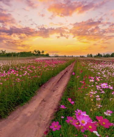 Landscape of the dirt road and beautiful cosmos flower field at sunset time.の素材