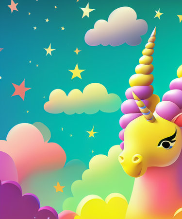 Rainbow unicorn background with clouds and stars. Pastel color sky. Magical landscape, abstract fabulous pattern. Cute candy wallpaper.の素材
