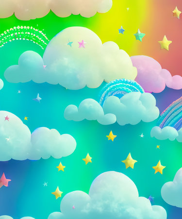 Rainbow unicorn background with clouds and stars. Pastel color sky. Magical landscape, abstract fabulous pattern. Cute candy wallpaper.の素材