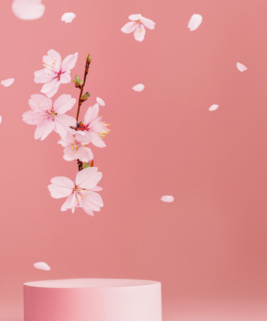 pink podium display. Sakura pink flower falling. Cosmetic or beauty product promotion step floral, pastel pedestal. Abstract minimal advertise.の素材
