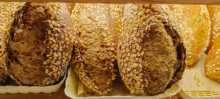 Large pieces of whole grain bread on the sales shelf
