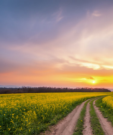 The landscape of dirt road and beautiful flower fields at sunset. Spring timeの素材