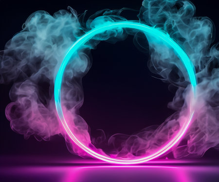 Sci Fi modern. Futuristic smoke. Neon color geometric circle on a dark background. Round mystical portal.の素材