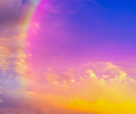 Sky midday sunlight beams rainbow pastel gradient pale orange-pink purple-blue dramatic. Beautiful sunny day soft light clouds blur background.の素材