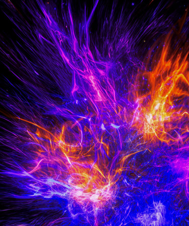 Chaotic blazing bunch of energy in purple orange blue colors mixed in deep dark spaceの素材