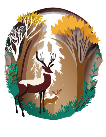 deers in the forest.paper art and digital craft styleのイラスト素材