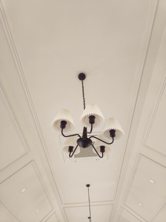 A stunning, modern chandelier gracefully illuminates the room, casting a soft glow that enhances the elegant decor and inviting atmosphere.の写真素材