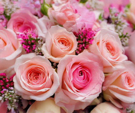 Beautiful summer flowers as background. Blossoming delicate roses on blooming flowers festive background, pastel and soft bouquet floral card.の素材