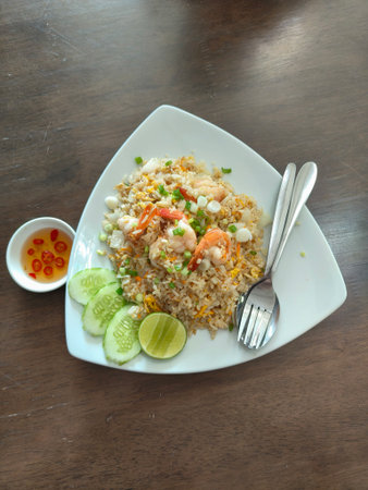 Shrimp fried rice in a triangular white plate with fish sauce and chiliの写真素材