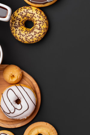 Stack of glazed colorful assorted donuts with sprinkles on black background.の素材