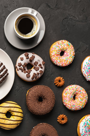 Stack of glazed colorful assorted donuts with sprinkles on black background.の素材