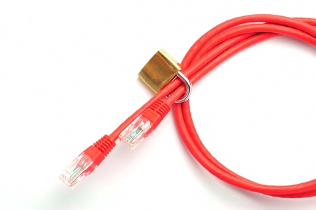 Lock and network cable close,red cable の写真素材