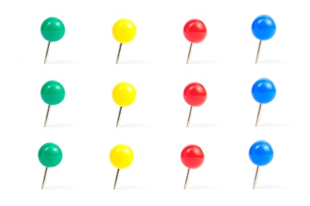 collection of various pushpins on white background. each one is shot separatelyの写真素材