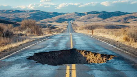 Pothole in the middle of the road in the steppeの素材