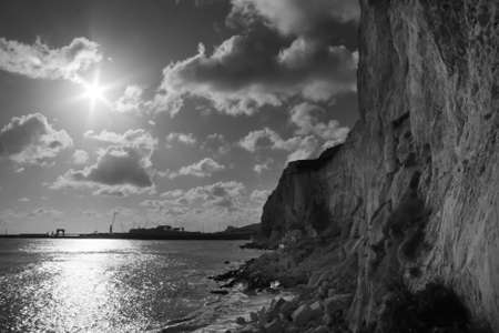 White Cliffs of Dover photographed in autumn with a view of the portの写真素材