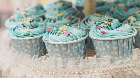 Cup cake with blue cream close up sweet food background stock photoの写真素材