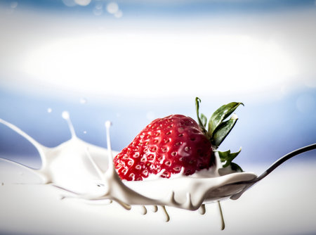 strawberry in a spoon with milk splash on a white backgroundの素材