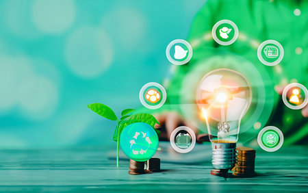 Green energy concept. Light bulb with green eco icons on blurred backgroundの素材