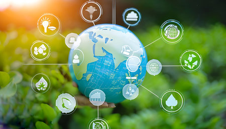 Ecology and environment protection concept. Earth planet on nature background.の素材