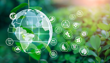 Ecology and environment protection concept. Earth globe with green leaf on blurred nature background.の素材