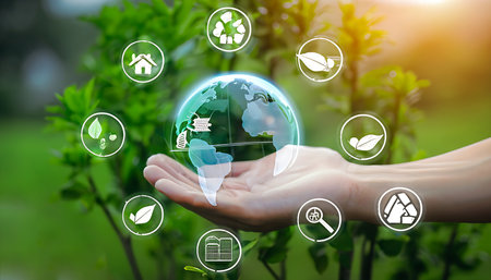 Ecology and environment protection concept. Save the planet with our hands.の素材