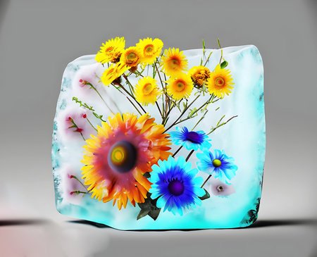 Beautiful flowers and a blob object is frozen in a block of ice, isolated on warm-grey backgroundの素材