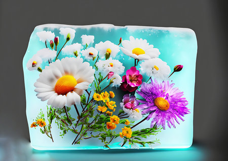 Beautiful flowers and a blob object is frozen in a block of ice, isolated on warm-grey backgroundの素材