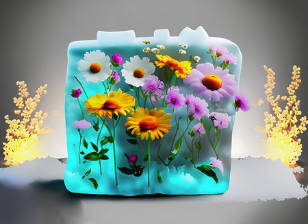 Beautiful flowers and a blob object is frozen in a block of ice, isolated on warm-grey backgroundの素材