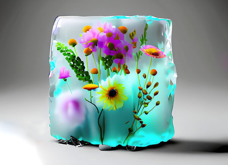 Beautiful flowers and a blob object is frozen in a block of ice, isolated on warm-grey backgroundの素材