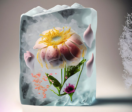 Beautiful flowers and a blob object is frozen in a block of ice, isolated on warm-grey backgroundの素材